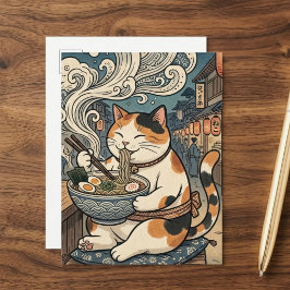 Schattige Calico Kat Eet Ramen Japanse Kunst Briefkaart