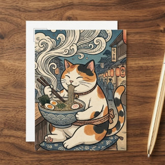 Schattige Calico Kat Eet Ramen Japanse Kunst Briefkaart