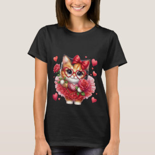 Schattige Calico Kat Hart Bril & Rode Roos Kunst🐱 T-shirt