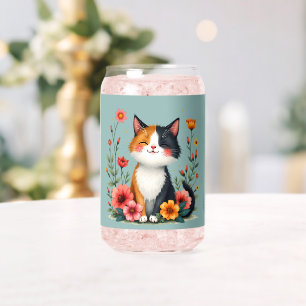 Schattige Calico Kat met Bloemrijke Cottagecore Es Blikvorm Glas