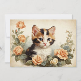 Schattige Calico Kitten Portrait Flowers Sweet Feestdagenkaart