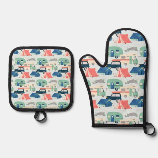 Schattige Camping liefhebbers betegeld patroon Ovenwant & Pannenlap Set (Voorkant)