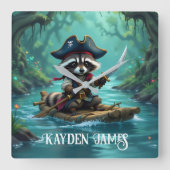 Schattige Captain Raccoon Rafting Down The River Vierkante Klok (Voorkant)