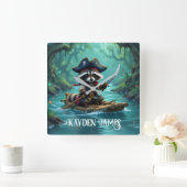 Schattige Captain Raccoon Rafting Down The River Vierkante Klok (Huis)