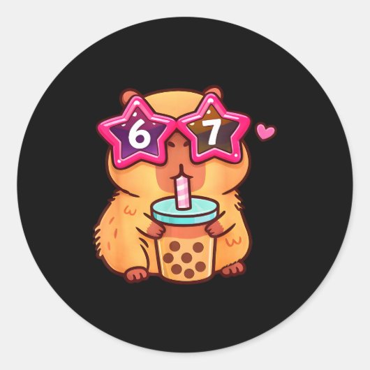 Schattige capybara bubble tea liefhebber 6 7 meme  ronde sticker (Voorkant)