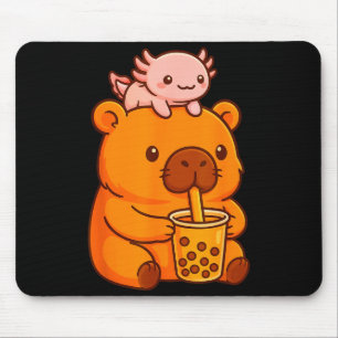 Schattige Capybara Drinkende Bubble Tea En Axolotl Muismat