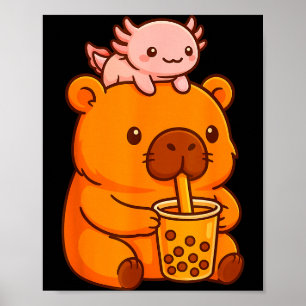 Schattige Capybara Drinkende Bubble Tea En Axolotl Poster