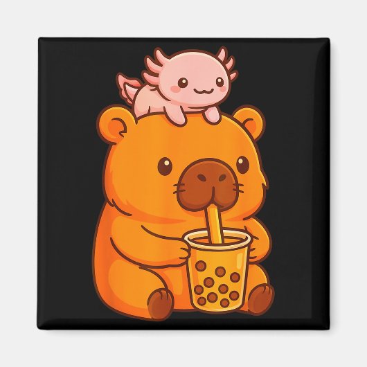 Schattige Capybara Drinkt Bubble Tea En Axolotl Ka Magneet (Voorkant)