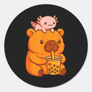 Schattige Capybara Drinkt Bubble Tea En Axolotl Ka Ronde Sticker