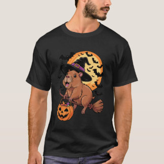 Schattige Capybara Heks Rijdt op Bezem Halloween P T-shirt