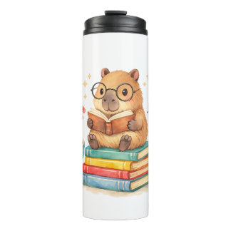 Schattige Capybara Leest Boeken Waterverf Thermosbeker