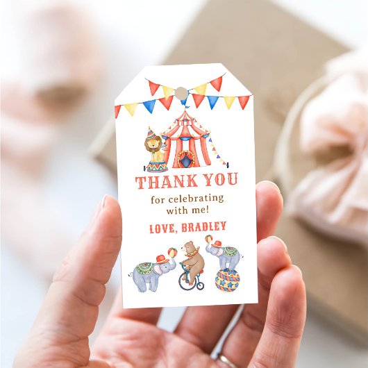 Schattige Carnaval Circus & Dieren Verjaardag Dank Cadeaulabel