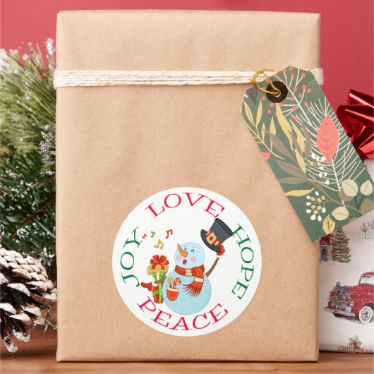 Schattige Caroling Snowman Hope Christmas Ronde Sticker (Feestdagen)