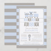 Schattige Carriage Beer Boy Baby shower Uitnodigin Kaart (Voorkant / Achterkant)