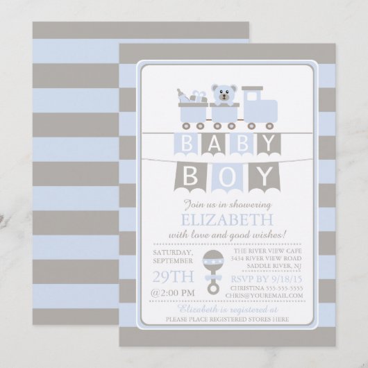 Schattige Carriage Beer Boy Baby shower Uitnodigin Kaart (Voorkant / Achterkant)