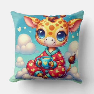 Schattige Cartoon Baby Giraffe Rustend op Wolk Kussen