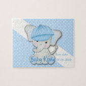 Schattige cartoon baby olifant op een blauwe witte legpuzzel (Horizontaal)