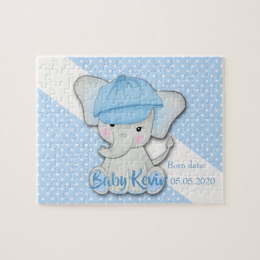 Schattige cartoon baby olifant op een blauwe witte legpuzzel (Horizontaal)