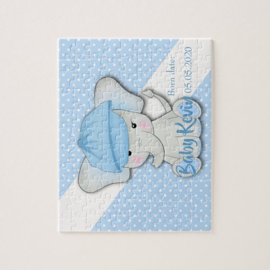 Schattige cartoon baby olifant op een blauwe witte legpuzzel (Verticaal)