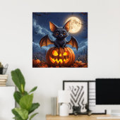 Schattige Cartoon Bat op Jack-o'-Lantern Poster (Thuiskantoor)