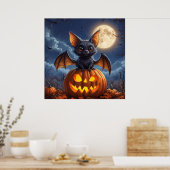 Schattige Cartoon Bat op Jack-o'-Lantern Poster (Keuken)
