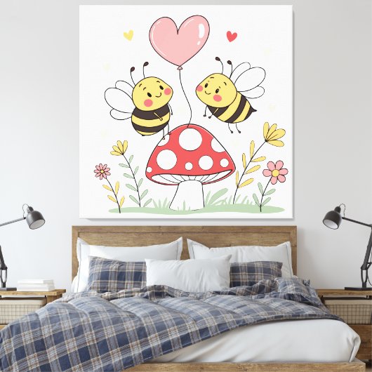 Schattige Cartoon Bijen met Hartballon op Paddenst Canvas Afdruk (Insitu (Slaapkamer))