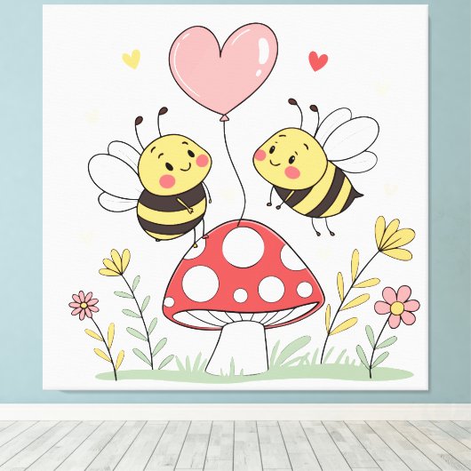 Schattige Cartoon Bijen met Hartballon op Paddenst Canvas Afdruk (Insitu (Houten vloer))