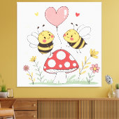 Schattige Cartoon Bijen met Hartballon op Paddenst Canvas Afdruk (Insitu (Woonkamer))