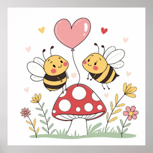 Schattige Cartoon Bijen met Hartballon op Paddenst Poster