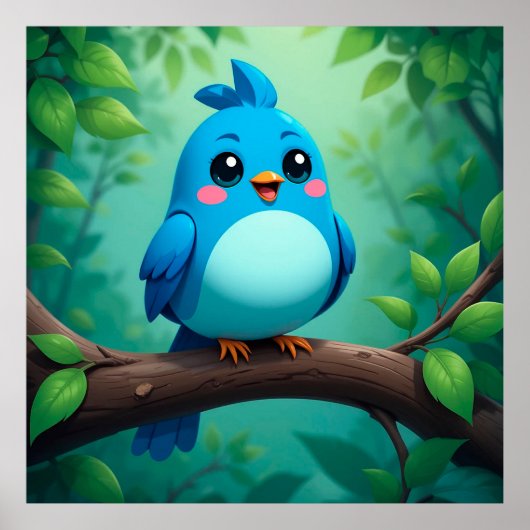 Schattige Cartoon Blauwe Vogel Poster (Voorkant)