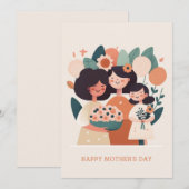 Schattige cartoon bloemenmoeder en meisjes. Moeder Feestdagenkaart (Voorkant / Achterkant)