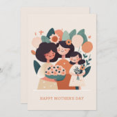 Schattige cartoon bloemige moeder en meisjes. Moed Feestdagenkaart (Voorkant / Achterkant)