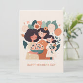 Schattige cartoon bloemige moeder en meisjes. Moed Feestdagenkaart (Staand voorkant)