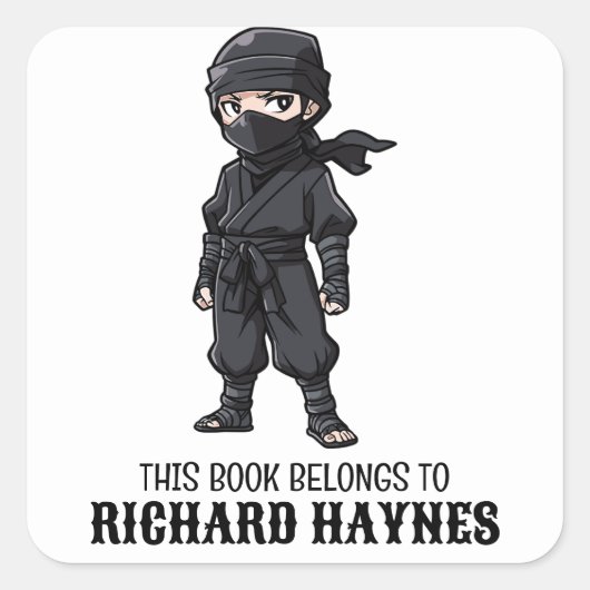 Schattige Cartoon Boys BLack Ninja Boekenlabel Vierkante Sticker (Voorkant)