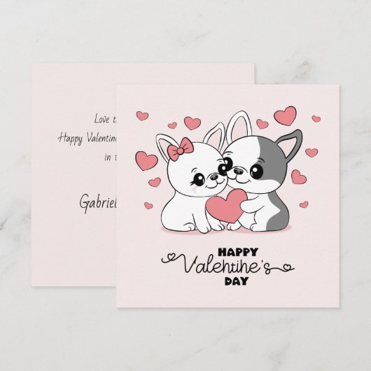 Schattige Cartoon Bulldog Liefhebbers Harten Valen Feestdagenkaart (Voorkant / Achterkant)