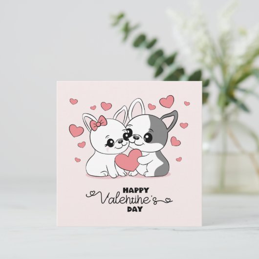 Schattige Cartoon Bulldog Liefhebbers Harten Valen Feestdagenkaart (Staand voorkant)