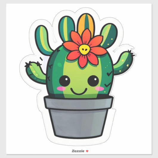 Schattige Cartoon Cactus Plant in Pot Met Bloem Sticker (Vel)