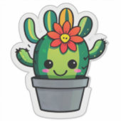 Schattige Cartoon Cactus Plant in Pot Met Bloem Sticker (Voorkant)