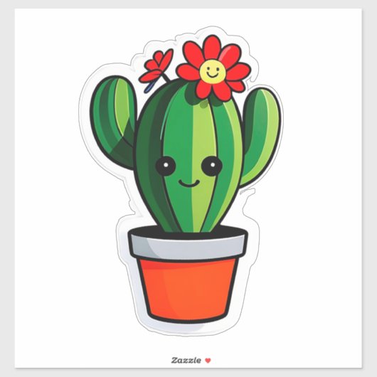 Schattige Cartoon Cactus Plant in Pot Met Bloem Sticker (Vel)