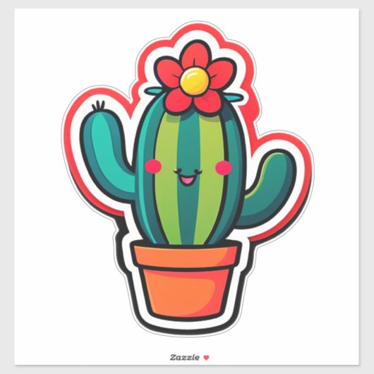 Schattige Cartoon Cactus Plant in Pot Met Bloem Sticker (Vel)
