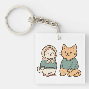 schattige Cartoon Cat Couple in Cozy Outfits Sleutelhanger