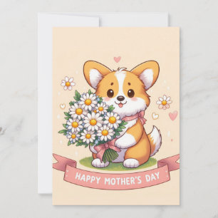 Schattige Cartoon Corgi met Madeliefjes Gelukkig M Feestdagenkaart