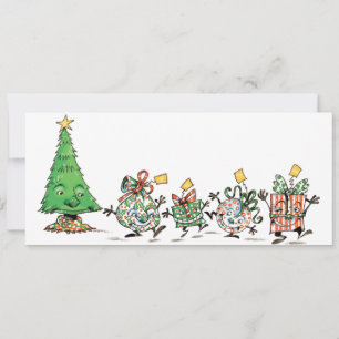 Schattige Cartoon Dansende Kerstcadeaus en Boom Feestdagenkaart