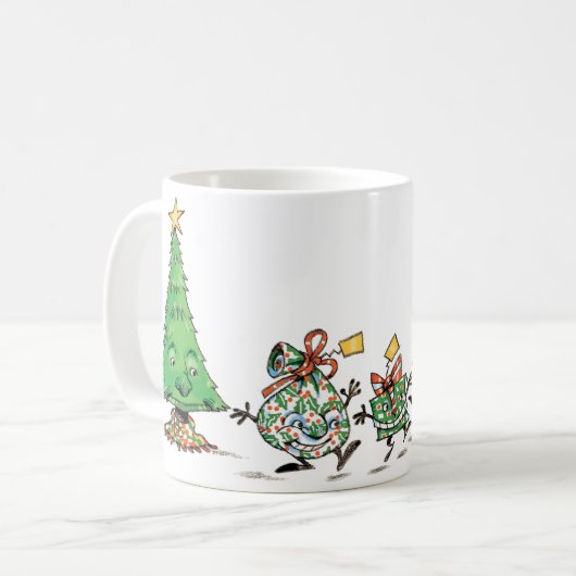 Schattige Cartoon Dansende Kerstcadeaus en Boom Koffiemok (Voorkant links)