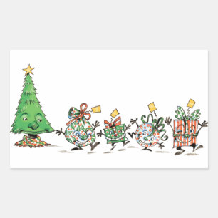 Schattige Cartoon Dansende Kerstcadeaus en Boom Rechthoekige Sticker