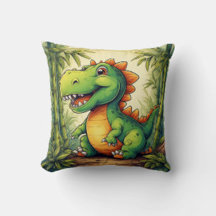 Schattige Cartoon Dinosaur in Weelderige Groene Ju Kussen