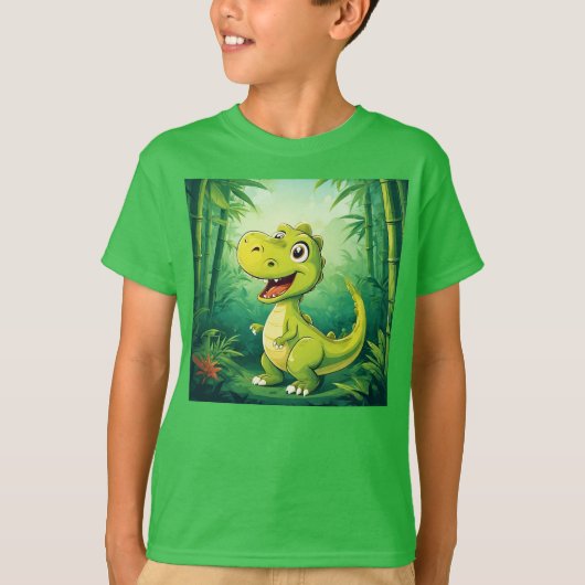 Schattige Cartoon dinosaurus in weelderig groen Oe T-shirt (Voorkant)