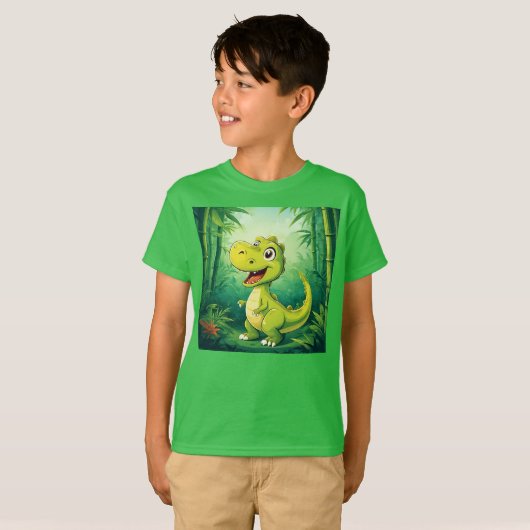 Schattige Cartoon dinosaurus in weelderig groen Oe T-shirt (Voorkant volledig)