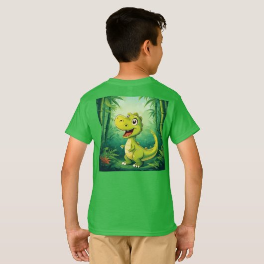 Schattige Cartoon dinosaurus in weelderig groen Oe T-shirt (Achterkant volledig)