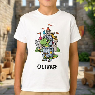 Schattige Cartoon Dinosaurus Ridder in Harnas T-shirt